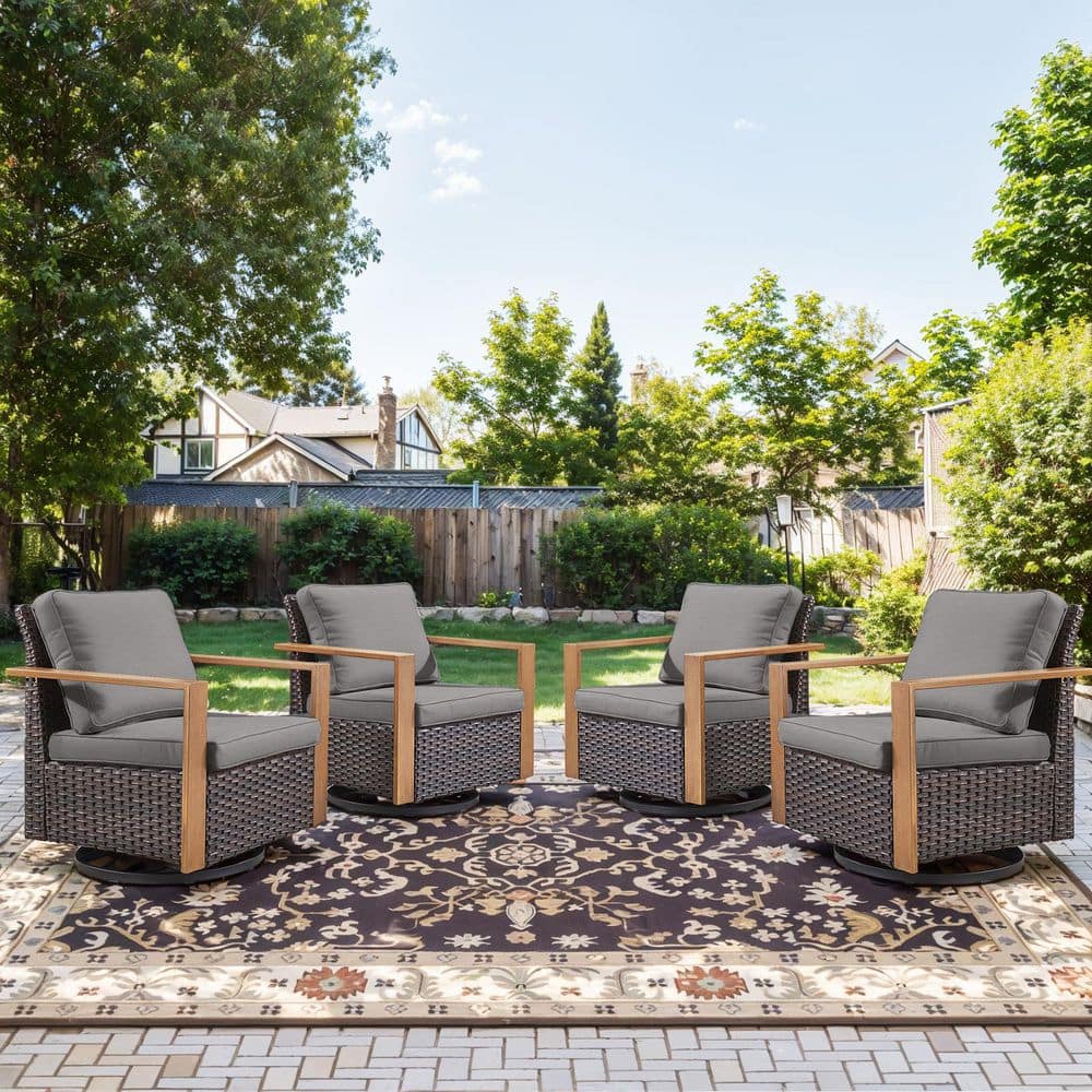 Metal Wood Brown Wicker Outdoor Rocking Chair Patio Swivel Gliders with Gray Box-Edge Cushions (4-Pack) price history on PriceWatchPro