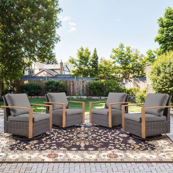 Metal Wood Brown Wicker Outdoor Rocking Chair Patio Swivel Gliders with Gray Box-Edge Cushions (4-Pack)