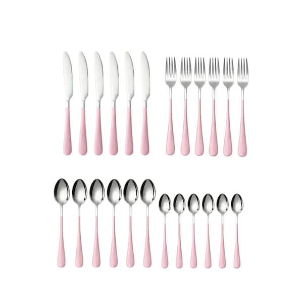 24-Piece Pink Stainless Steel Flatware Set with Holder (Service for 6), Includes Dinner Knives Forks Spoons Teaspoons