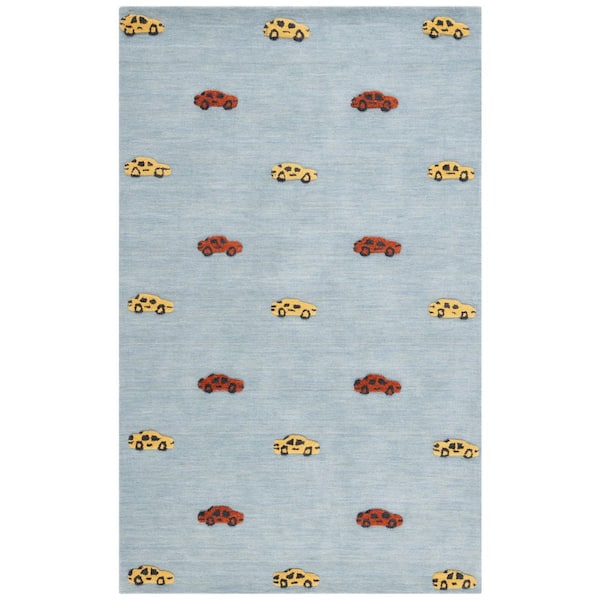 Kids 3 ft. x 5 ft. Light Blue/Yellow Mini Cars Area Rug