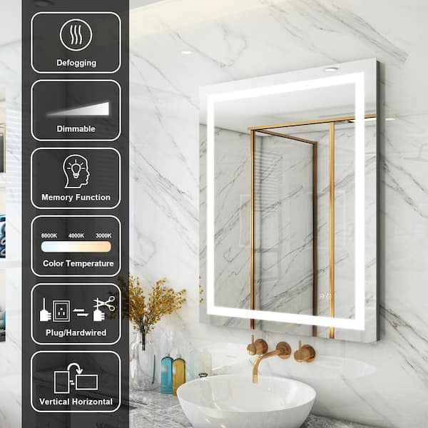 28 in. W x 36 in. H Rectangular Frameless LED Lighted Anti-Fog Wall Mounted Bathroom Vanity Mirror