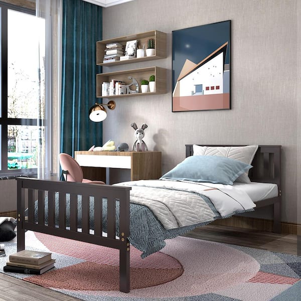Brown Twin Wood Platform Bed with Headboard and Footboard Mattress Foundation