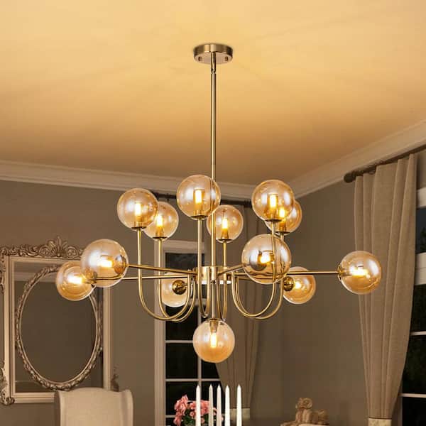 Dalton 13 Light Brass Modern Amber Glass Globe Sputnik Chandelier Vintage Farmhouse Magic Bean Molecule Ceiling Pendant