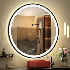 32 in. W x 32 in. H Large Round Framed Anti-Fog Human Body Sensor Wall Mount Bathroom Vanity Mirror in Silver