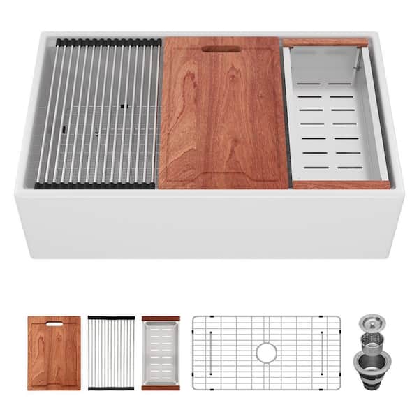 30 in. Farmhouse/Apron Front Single Bowl Round Corner White Ceramic Workstation Kitchen Sink with Bottom Grid