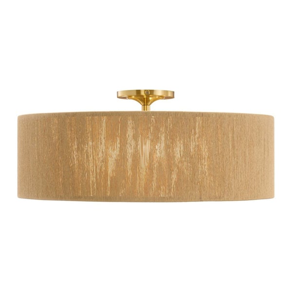 Maynard 22 in. 4-Light Warm Brass Organic Transitional Flush-Mount Ceiling Light with Natural Rope Drum Shade