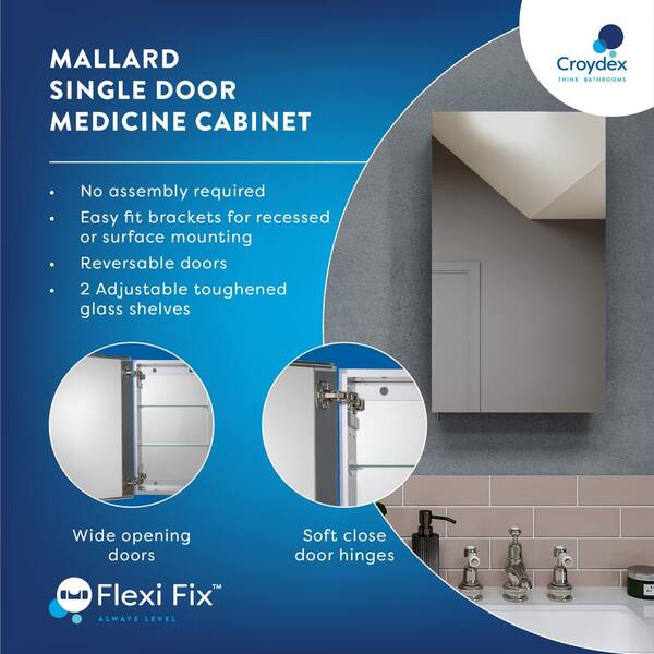 Croydex 15-in x 25-in Surface/Recessed Mount Silver Mirrored Soft Close Medicine Cabinet