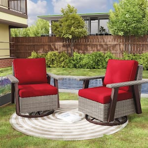 Wicker Patio Outdoor Rocking Chair Swivel Lounge Chair with Red Cushion (2-Pack)