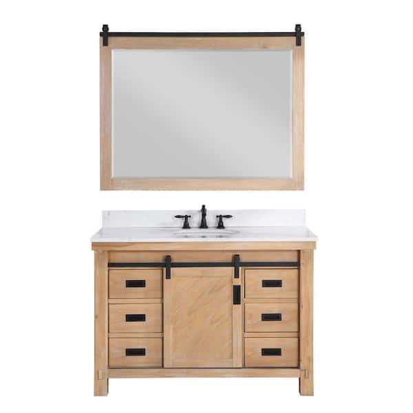 ROSWELL Cortes 48 in. W x 22 in. D x 33.9 in. H Single Sink Bath Vanity in Weathered Pine with White Composite Top and Mirror