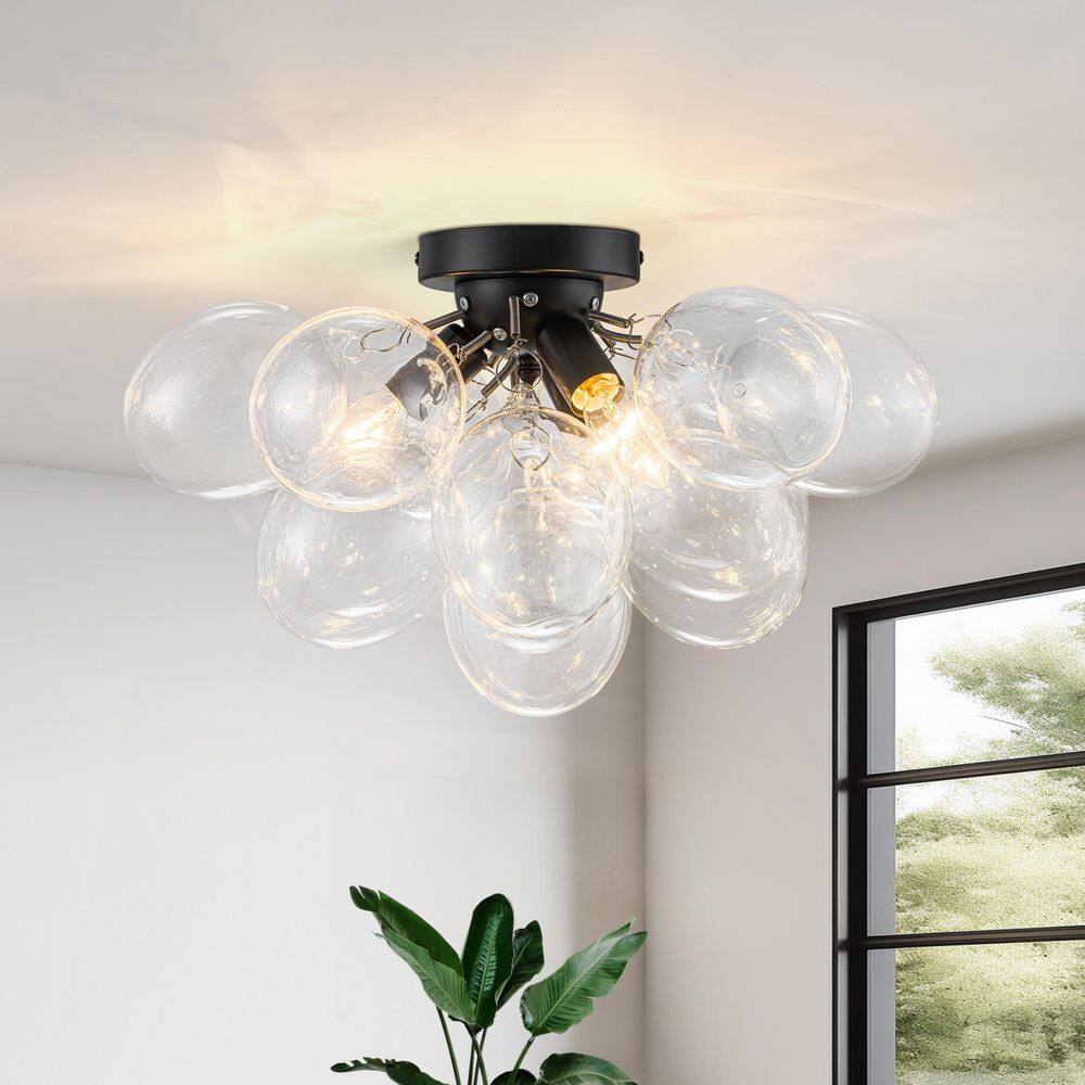 17.72 in. Modern Artistic Black 3-Light Flush Mount Ceiling Light with Clea