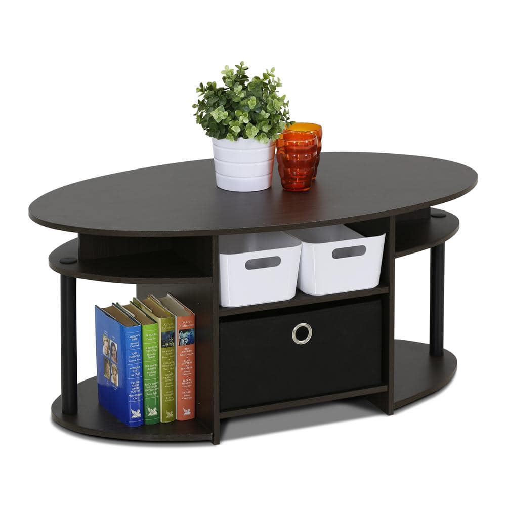 Walnut Oval Coffee Table with Storage Bin and Shelves