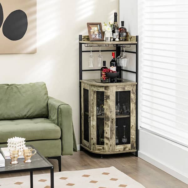 Costway Taupe MDF 19 in. Sideboards Corner Bar Cabinet Industrial Liquor Wine Cabinet with Glass Holder and Mesh Doors