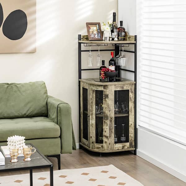 Costway Taupe MDF 19 in. Sideboards Corner Bar Cabinet Industrial Liquor Wine Cabinet with Glass Holder and Mesh Doors M1C 10N8B798