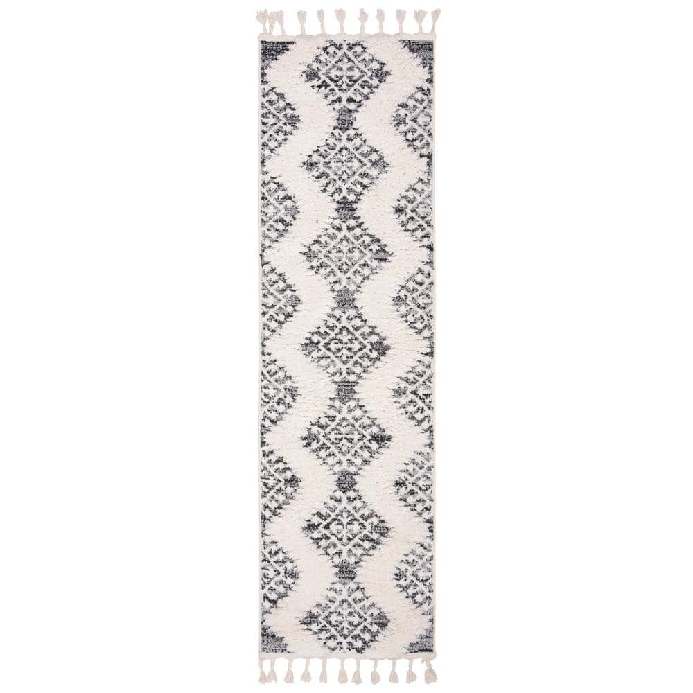 Ivory and Grey Diamond Pattern Shag Runner Rug with Tassels