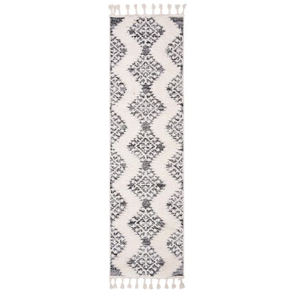 Moroccan Tassel Shag 2 ft. x 14 ft. Ivory/Gray Geometric Zig-Zag High-Low Runner Rug