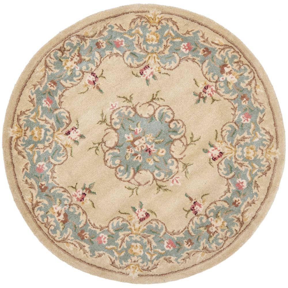Ivory and Light Blue Round Hand-Tufted Wool Rug