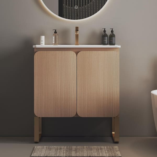 Staykiwi 30 in. W x 18.3 in. D x 33.5 in. H Single Sink Freestanding Bath Vanity in Light Oak with White Ceramic Top Sink