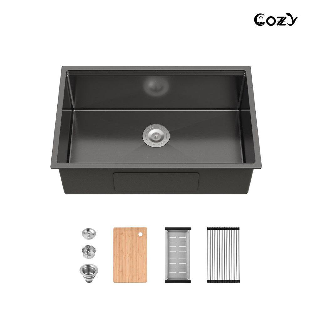 30 x 19 in. Matte Black Stainless Steel Single Bowl Overmount Workstation Kitchen Sink with Cutting Board and Colander price history on PriceWatchPro