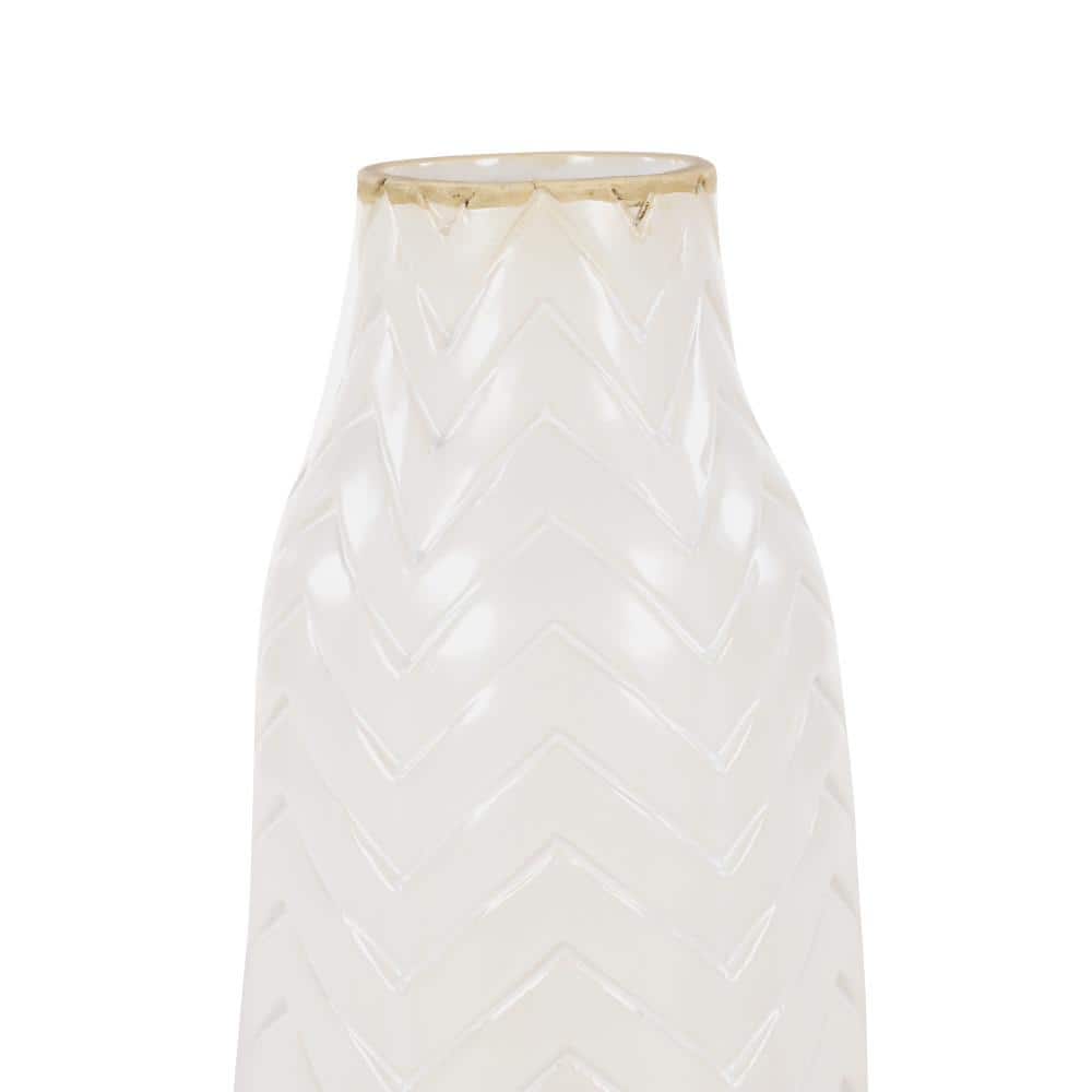 White Chevron Pattern Ceramic Vase with Brown Base, 12"