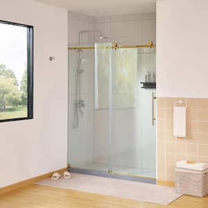 60 in. W x 76 in. H Frameless Soft Close Sliding Shower Door in Titanium Gold with Explosion-Proof Clear Glass