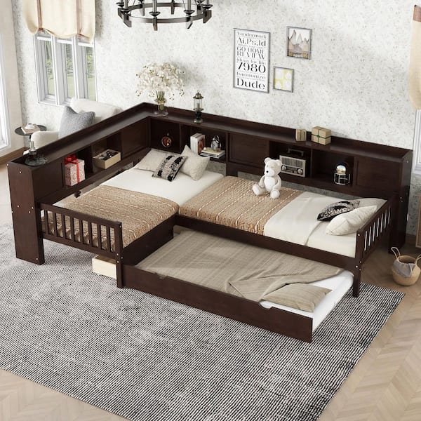 Raviel Modern Espresso Brown Wood Frame Twin Size L-Shaped Platform Bed with Trundle, Storage Drawer and Shelves