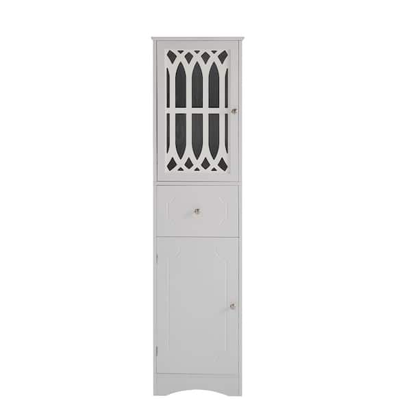 16.5 in. W x 14.2 in. D x 63.8 in. H White Tall Bathroom Freestanding Linen Cabinet with Drawer and Acrylic Door