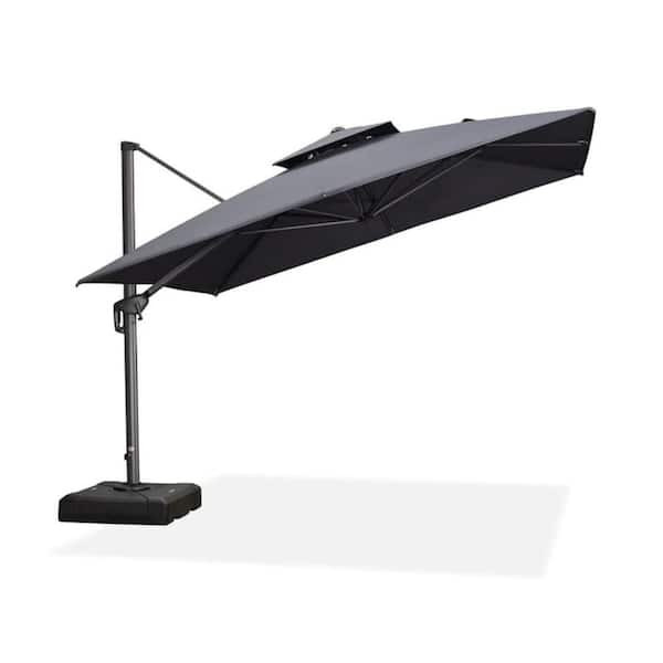 PURPLE LEAF 10 ft. Square 2-Tier Aluminum Cantilever 360-Degree Rotation Patio Umbrella with Base in Ground, Gray
