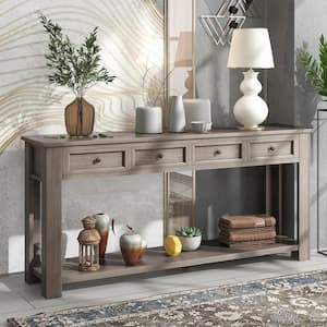 63 in. Gray Wash Rustic Wood Rectangle Console Table for Entryway Hallway, Sofa Table with 4-Drawers and 1-Bottom Shelf