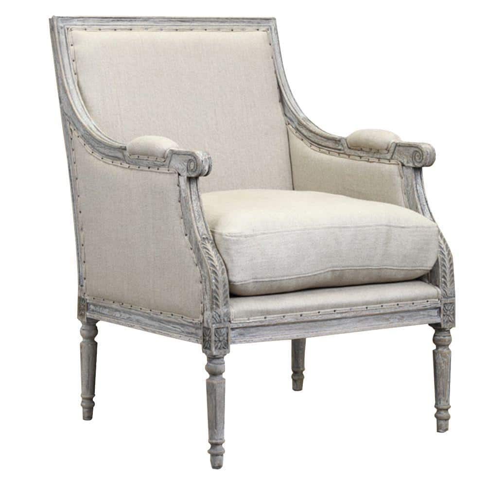 Benjara Gray Hand Carved Wooden Armchair with Fabric Upholstered ...