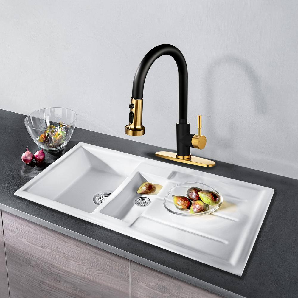 Gold and Black Stainless Steel High-Arc Kitchen Faucet with Pull-Out Spray