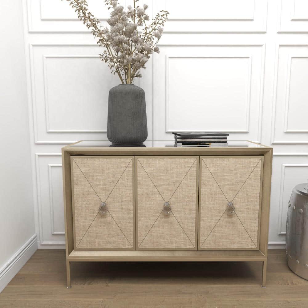Gray Upholstered 3-Door Cabinet with Mirrored Top and Ring Handles