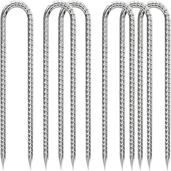 0.3 in. x 1 ft. Rebar Stake Ground Stake, Silver Heavy Duty Anti-Rust U-Hook for Garden Stake, Fence Chicken Coop, 6 Pcs