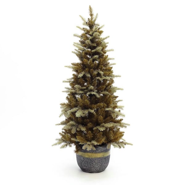 4.5 ft. Pre-Lit Gold-Tipped Branches Artificial Christmas Tree with Modern MgO Pot