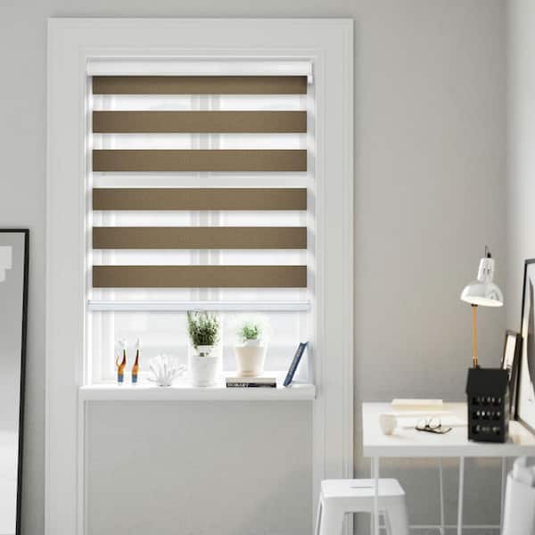 Chicology Cut-to-Size Taupe Cordless Blackout Dual Layer Privacy Polyester Zebra Roller Shade 70.5 in. W x 72 in. L