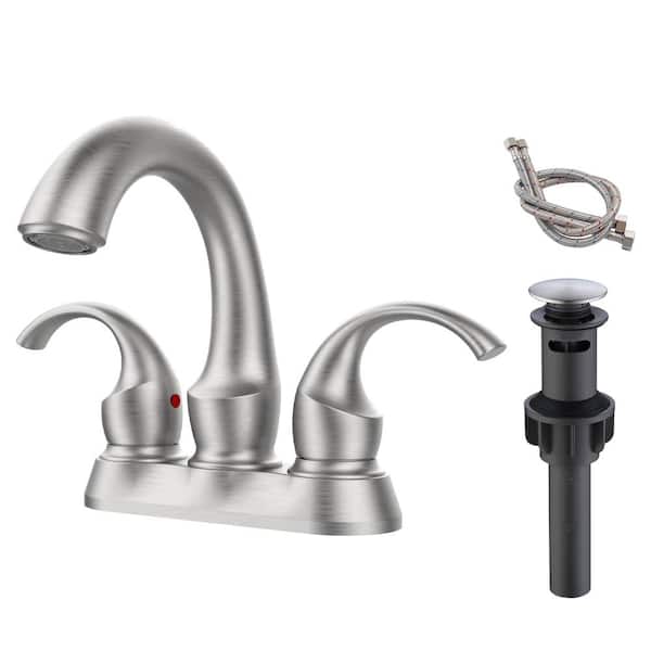 Lukvuzo 4 in. Centerset Double Handle High Arc Bathroom Faucet with Pop-Up Drain and Supply Hoses Included in Brushed Nickel