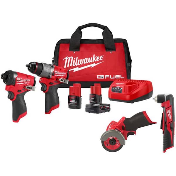 Milwaukee M12 FUEL 12-Volt Li-Ion Brushless Cordless Hammer Drill & Impact Driver Combo Kit w/2 Batteries, Cut Off Saw & RA Drill