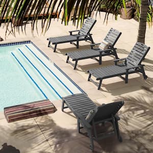 Hampton Dark Gray Plastic Outdoor Chaise Lounge Chair with Adjustable Backrest Pool Lounge Chair and Wheels Set of 4