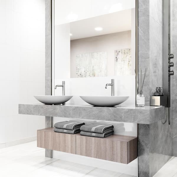 Matte Stone Wisteria Composite Oval Vessel Bathroom Sink in White with Apollo Faucet and Pop-Up Drain in Brushed Nickel