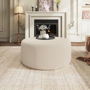 Beige Corduroy Fabric Upholstered Round Accent Ottoman