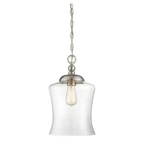 9.75 in. W x 16.5 in. H 1-Light Brushed Nickel Pendant Light with Clear Glass Shade