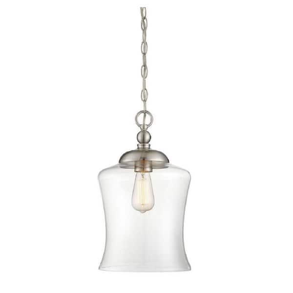 TUXEDO PARK LIGHTING 9.75 in. W x 16.5 in. H 1-Light Brushed Nickel Pendant Light with Clear Glass Shade