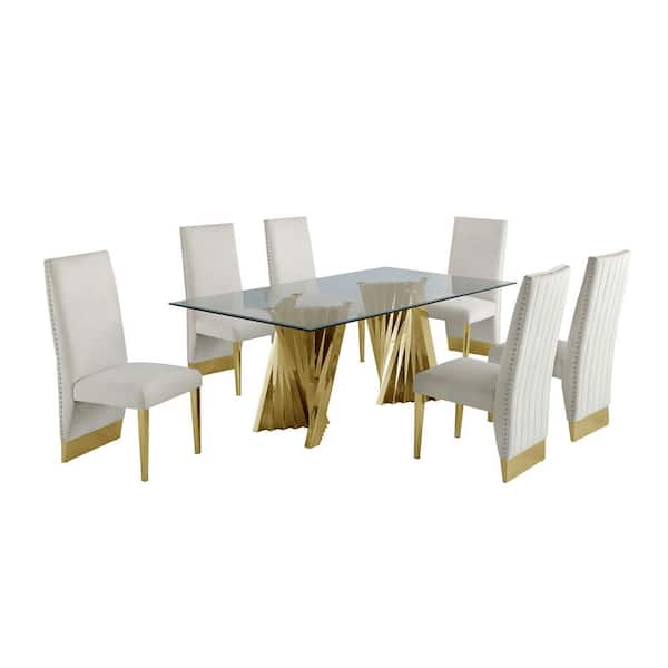 Best Quality Furniture Becky 7-Piece Rectangular Glass Top with Gold Stainless Steel Base Table Set with 6-Cream/Beige Nail Head Velvet Chair