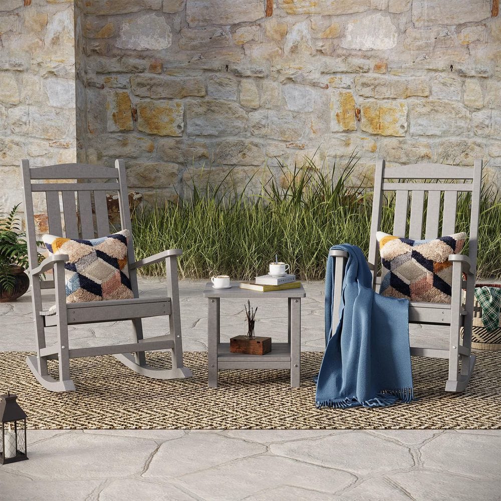 3-Piece Gray HDPE Wood-Look Plastic Outdoor Rocking Chair with Table-Comfortable and Durable Patio Seating price history on PriceWatchPro