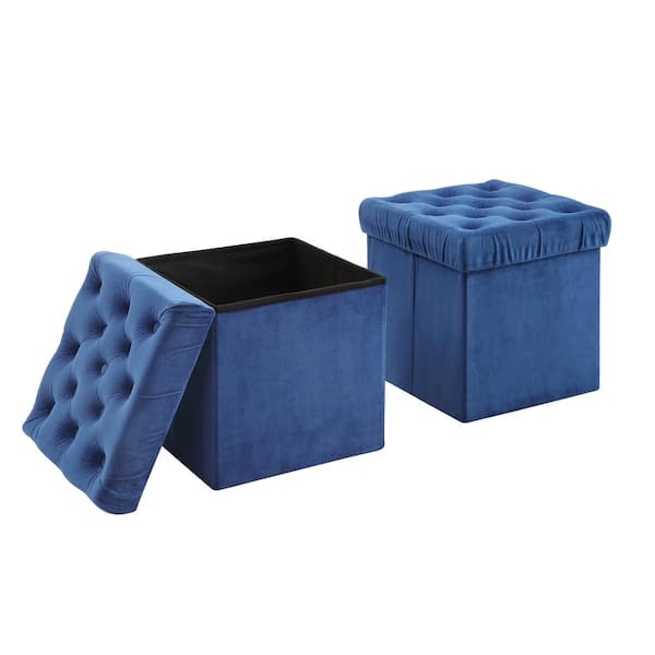 AC Pacific Toby Blue Foldable Storage Ottoman Cube Foot Rest (2-Pack)