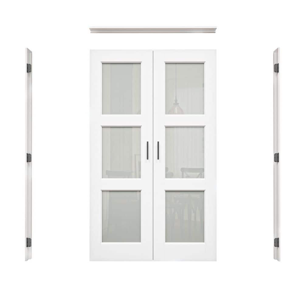 48 in. x 80 in. 3-Lite Frosted Glass Universal White Solid Core Glass Double Prehung French Door+ Quick Jamb&Ball Catch price history on PriceWatchPro