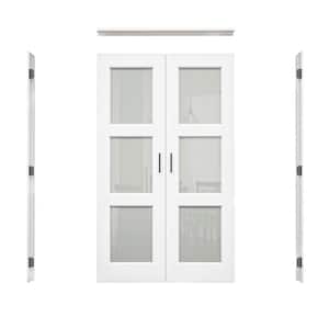 48 in. x 80 in. 3-Lite Frosted Glass Universal White Solid Core Glass Double Prehung French Door+ Quick Jamb&Ball Catch