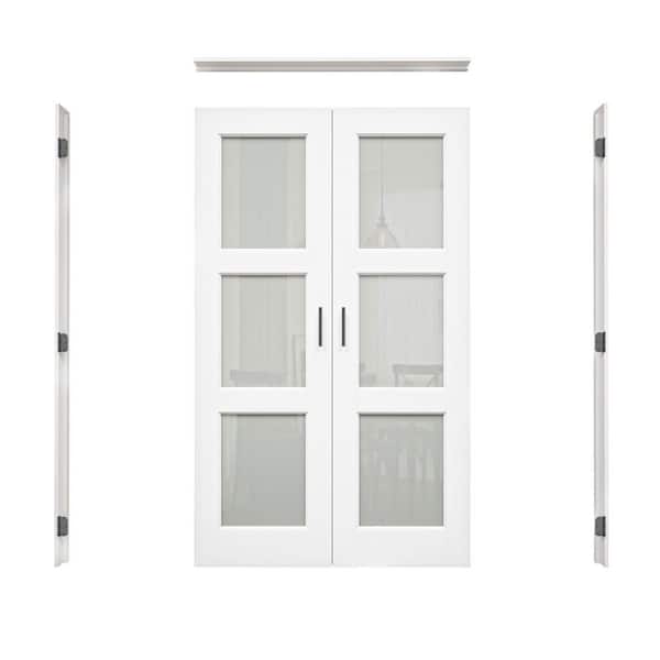 48 in. x 80 in. 3-Lite Frosted Glass Universal White Solid Core Glass French Bi-fold Door + Separate Jamb and Ball Catch