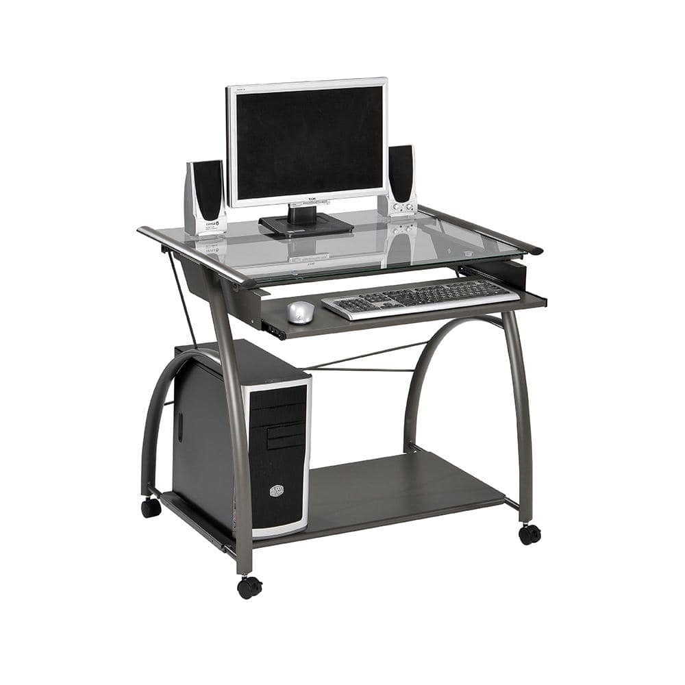 Vincent Pewter Gray Glass Top Computer Cart with Keyboard Tray