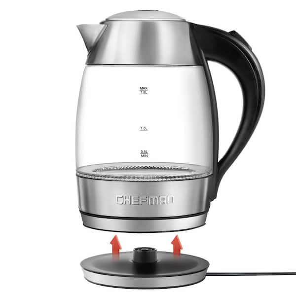 Chefman Electric Glass Kettle, Fast Boiling W/ LED Lights, Auto Shutoff &  Boil Dry Protection, Cordless Pouring, BPA Free, Removable Tea Infuser, 1.8