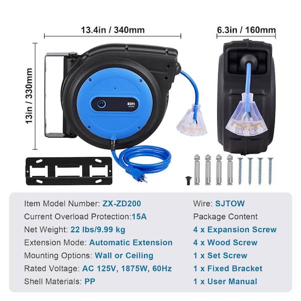 SVOPES 80 ft. 12 / 3 15 Amp Retractable Extension Cord Reel Heavy
